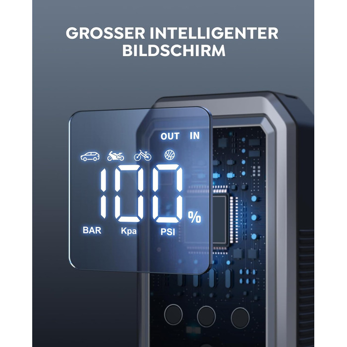 Портативний пусковий пристрій YaberAuto YA70 з компресором 150 PSI, акумулятором 21800 mAh та світлодіодним ліхтарем 300 люменів. 4-в-1: пусковий пристрій, павербанк, компресор та ліхтар з LCD екраном.