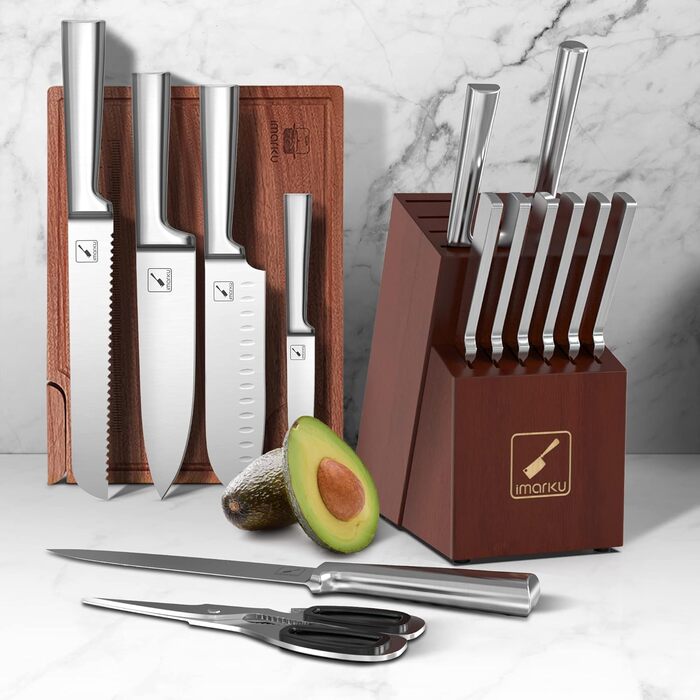 IMARKU 15-Piece Japanese Stainless Steel Knife Set with Block - Professional Kitchen Knife Set with Sharpener & Cleaning Block