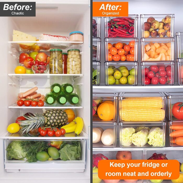 Refrigerator Organizer Set, 6-Piece Organizer Boxes for Refrigerator with Lids, Transparent Refrigerator Boxes Stackable, Storage Boxes for Refrigerator for Kitchen Cabinets (Model 1)