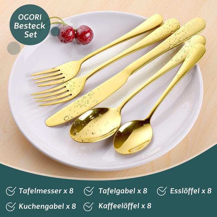 Набір столових приборів OGORI для 6 осіб, 30 предметів, з дзеркально відполірованим золотим покриттям, 18/10 нержавіюча сталь, набір столових приборів для дому/вечірки/ресторану (у подарунковій коробці). Набір столових приборів для 6 осіб (набір столових 