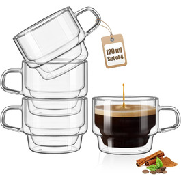 Glastal Stackable Glasses 120ml Espresso Glasses Double-Walled Espresso Cups Glass 4-Piece Set, Double-Walled Coffee Glasses Tea Glasses Espresso Cups Set for Tea, Milk, Gift for Women Men