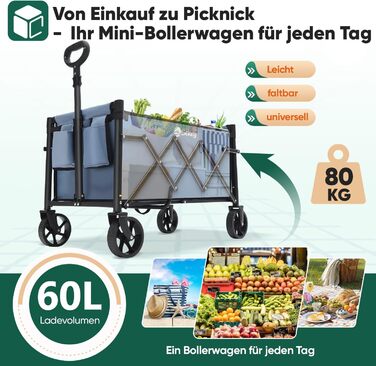 Складний візок Sekey Bollerwagen 80 кг, синій 60л – компактний візок для покупок, кемпінгу з регульованою ручкою