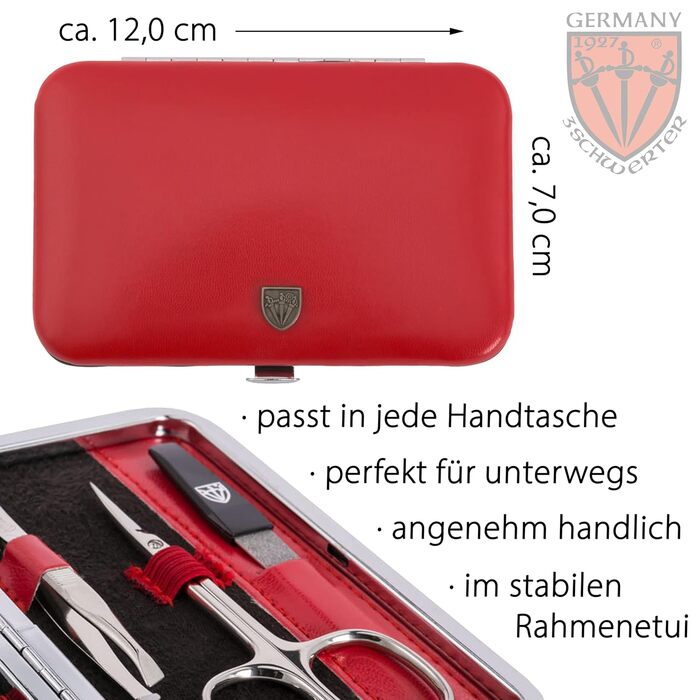 Набір для манікюру Drei Schwertter 'Genova' 6 предметів | Німецька якість | У подарунковій коробці з червоного штучної шкіри | Манікюрний набір: ножиці для нігтів, ножиці для кутикули, кусачки для нігтів, скляна пилка для нігтів, пінцет, сапфірова пилка д
