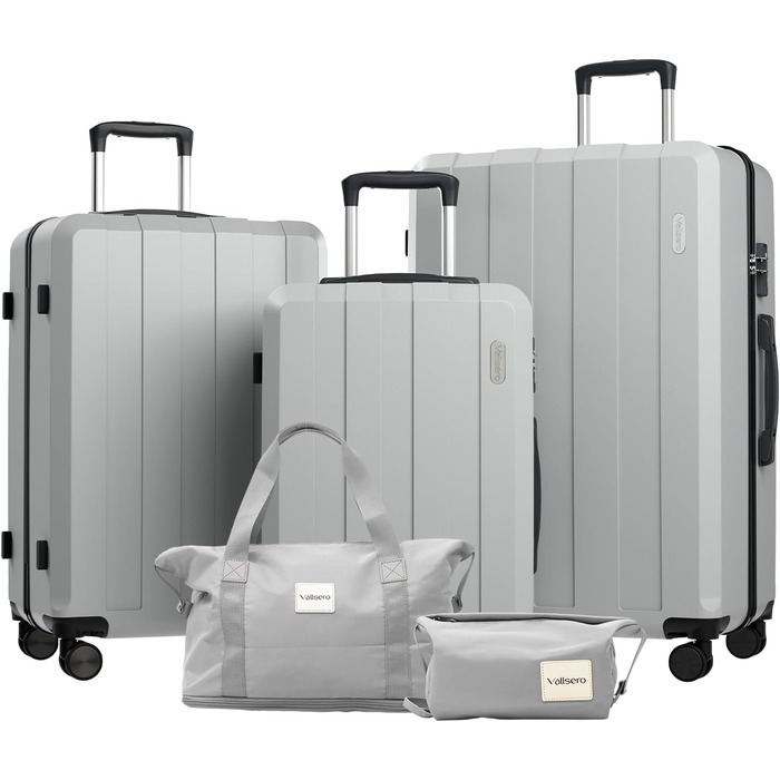 Набір валіз, багажний набір, роликові валізи, дорожній набір валіз 5шт, ABS пластик, TSA замок, містить 1 сумку та 1 косметичку, 4 колеса, телескопічна ручка з алюмінію (рожеве золото) (темно-сірий)