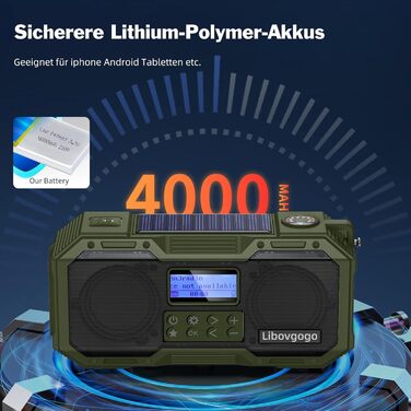 Портативне радіо Libovgogo DF-588D DAB+ FM з Bluetooth, водонепроникний динамік, радіо з ручкою, сонячна панель, Powerbank 4000mAh, ліхтарик, стробоскоп, нічник, будильник, SOS