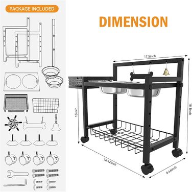 Підвищені годівниці для собак Angeloyang з колесами, з нержавіючої сталі, регульовані, 8 рівнів висоти, 16-36 см, для середніх та великих собак, з повільним дозатором корму та мисками з нержавіючої сталі, з можливістю зберігання та колесами