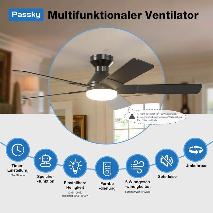 Стельовий вентилятор Passky 132 см з LED-освітленням та пультом керування, DC-мотор, 6 швидкостей, 3 режими світла, реверс (літо/зима), чорний