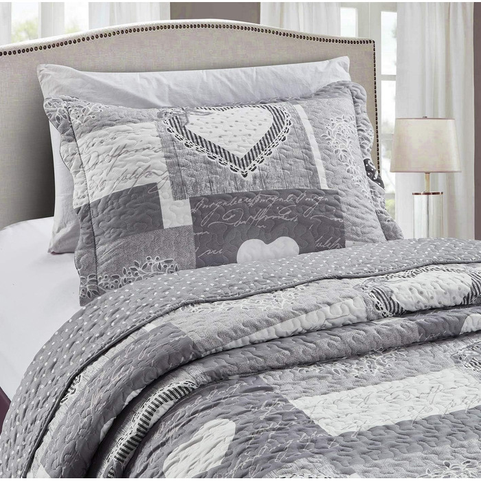 Комплект стеганих ковдр Brilliant Sunshine Grey Heart Love Patchwork (2 шт.) з наволочкою, двостороння покривало, м'яка легка ковдра, універсальна ковдра для двоспального ліжка, сірий колір