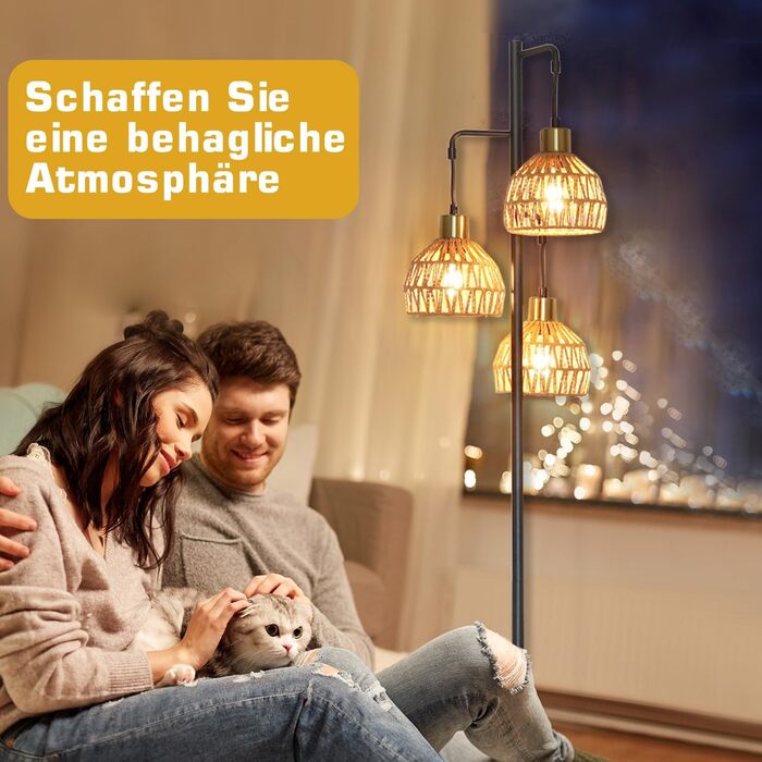 Стійка лампа ShineMuse Boho з ротангу, чорна, вінтаж, 170 см, 3 E27, LED, диммер, для вітальні