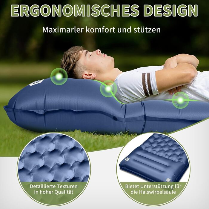 ARFNKIM Self-Inflating Camping Mat - 12cm Thick Sleeping Pad with Foot Pump & Pillow - Lightweight, Compact, Waterproof Sleeping Mat for Outdoor Use (Green/Blue)