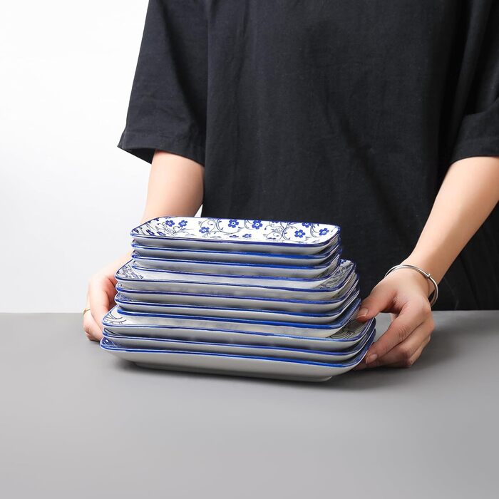 Набір тарілок Selamica, 6 шт., прямокутні, для закусок, десертів, суші, фруктів, 18 × 10.5 × 2 см (Вінтажно-блакитний)