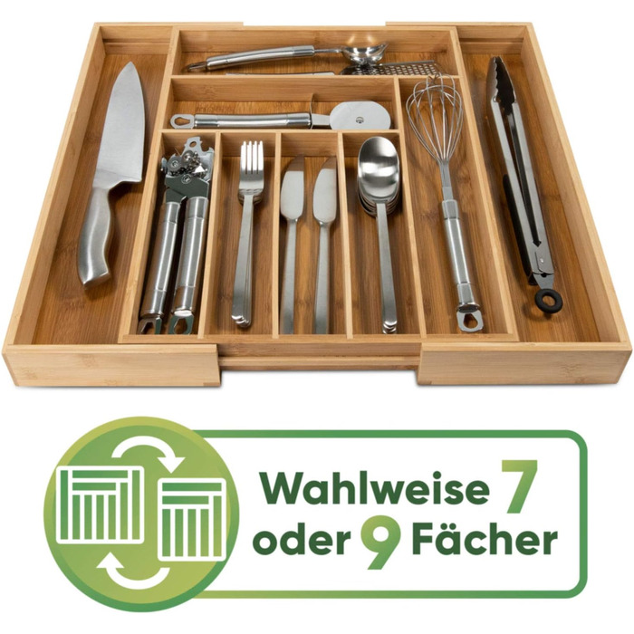 Loco Bird Cutlery Box for Drawers made of Bamboo – Extendable up to 9 Compartments - Useful Cutlery Insert for Kitchens - Drawer Insert for Kitchen Drawers - Cutlery Box made of Wood