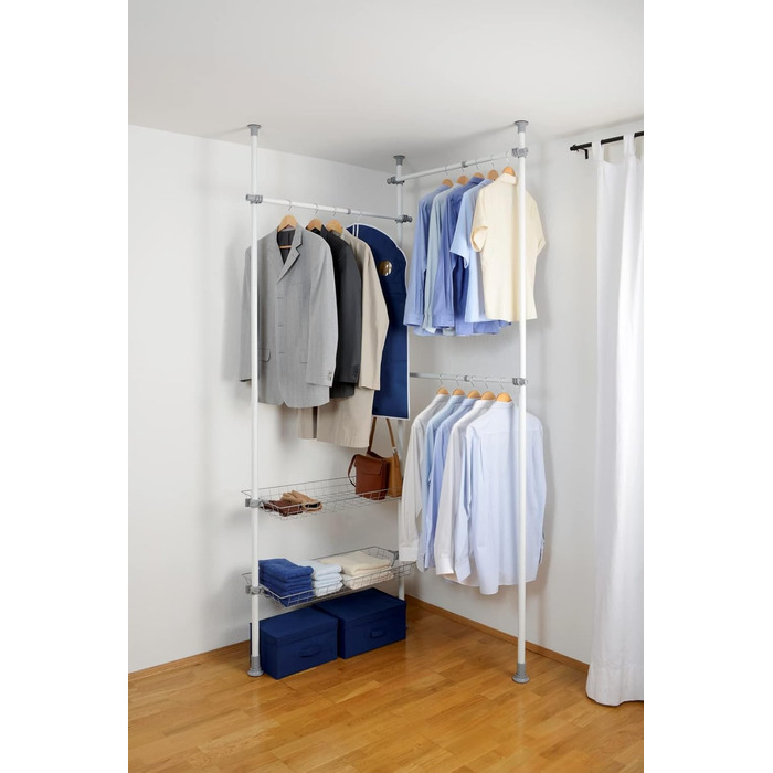 WENKO Telescopic System Hercules Duo, 3 Clothes Rails, 2 Storage Baskets, Extendable, Powder-Coated Metal, 164-215 x 165-300 x 38 cm, Matt (White, Single)