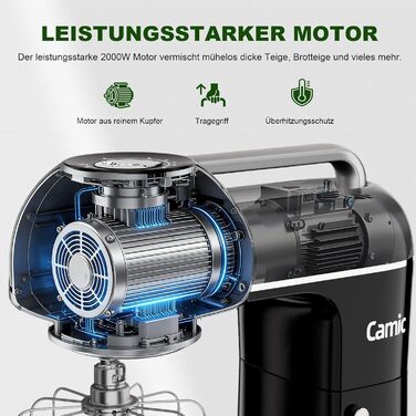 Кухонний комбайн-міксер Camic 2000W, чаша зі сталі 7л, 10 швидкостей, з набором насадок (гак, вінчик) та захистом від бризок, чорний