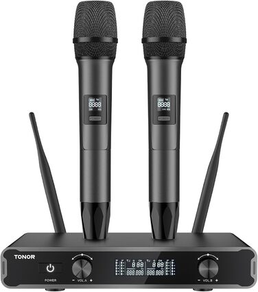 TONOR Система мікрофонів Dual Wireless, бездротова караоке мікрофонна система, 60м радіус дії, сірий колір