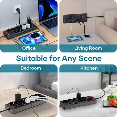 Многорозетка з USB, 11 розеток, з вимикачем, 2 USB-A та 2 USB-C порти, 4000W, 16A, 2M кабель, для дому, школи, офісу - Чорний