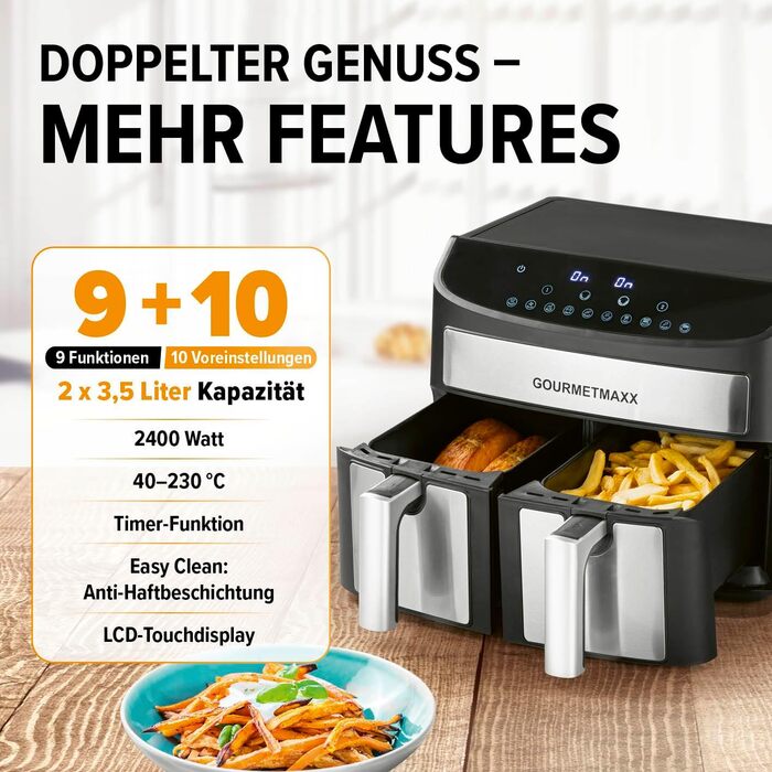 Аерофритюрниця GOURMETmaxx з двома камерами 2×3,5 л, нержавіюча сталь, 2400 Вт, сенсорний дисплей, таймер, 10 програм, енергоощадна, чорна