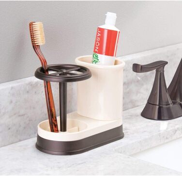 mDesign Toothbrush Holder - high-quality toothbrush holder made of plastic for the bathroom sink or vanity cabinet - practical holder for toothbrushes and toothpaste - white and matte silver (Vanilla/Bronze)