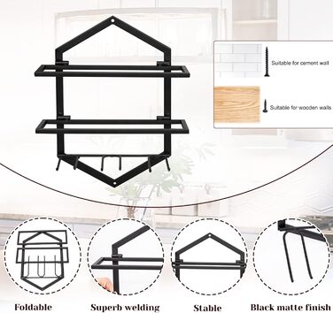 Giyiprpi Metal Wall-Mounted Wine Rack, Hanging Wine Glass Holder Organizer for 2 Bottles and 3 Glasses Included, Wine Shelf Red Wine Rack for Home Kitchen Bar Display Decor (Black 2)