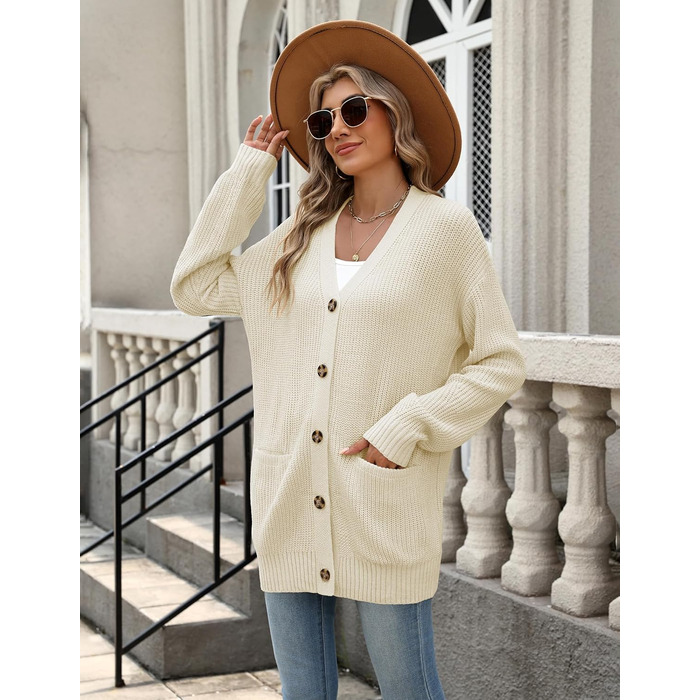 Жіночий в'язаний кардиган Zeagoo з довгим рукавом, вільний крій, V-подібний виріз, грубий в'язання, бежевий колір, для осені та зими