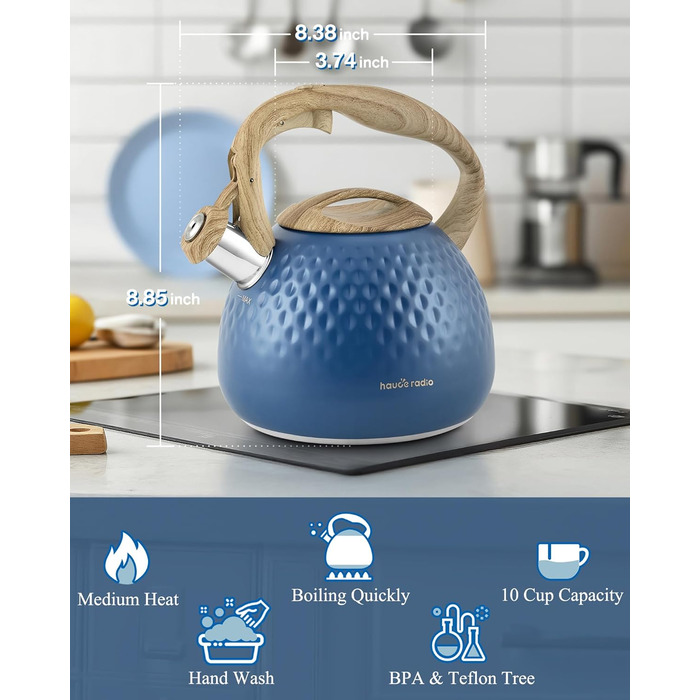 Чайник для заварювання Teekessel 2,7 л з емальованим покриттям, зелений, з імітацією дерева, з носиком, з нержавіючої сталі, антижаростійка ручка, оливковий/темно-синій