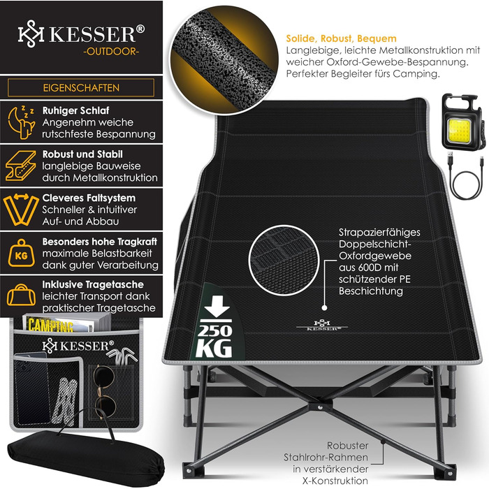 Кемпінгове ліжко KESSER® розкладне, металеве, чорне, 190 см з сумкою та ліхтарем