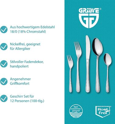 GRÄWE Cutlery Set for 12 People, Stainless Steel, 100-Piece Dinnerware Set, Nickel-Free, Rust-Proof, Hand-Polished, Dishwasher-Safe - Salzburg Series