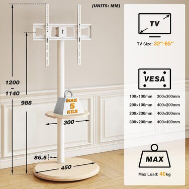 Підставка для телевізора RFIVER мобільна з роликами, біла, 32-65 дюймів, з поличкою, регульована висота та нахил, до 40 кг, VESA 400x400 мм