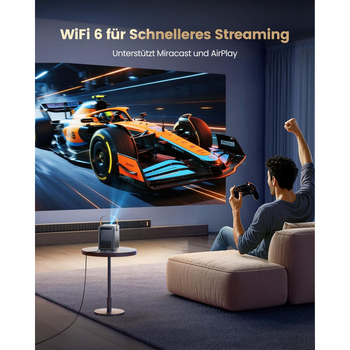 Mini проєктор Beamer 4K з WiFi 6, Dolby Audio та підтримкою Netflix | 1080P Full HD, інтегровані додатки, автоматичне фокусування, вертикальна корекція трапецеїдальних спотворень, короткофокусний, сріблясто-сірий