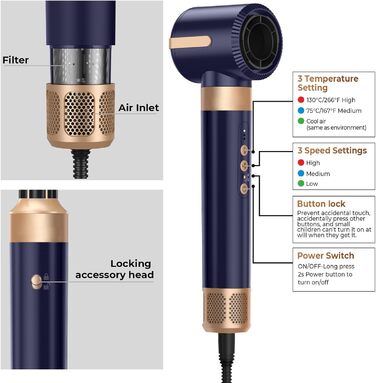 Airstyler 7 в 1: мультистайлер для волосся 1400W з феном, дифузором, плойкою та щітками для сушки, локонів та укладки. Швидка сушка завдяки двигуну 110000 RPM. Колір: блакитний