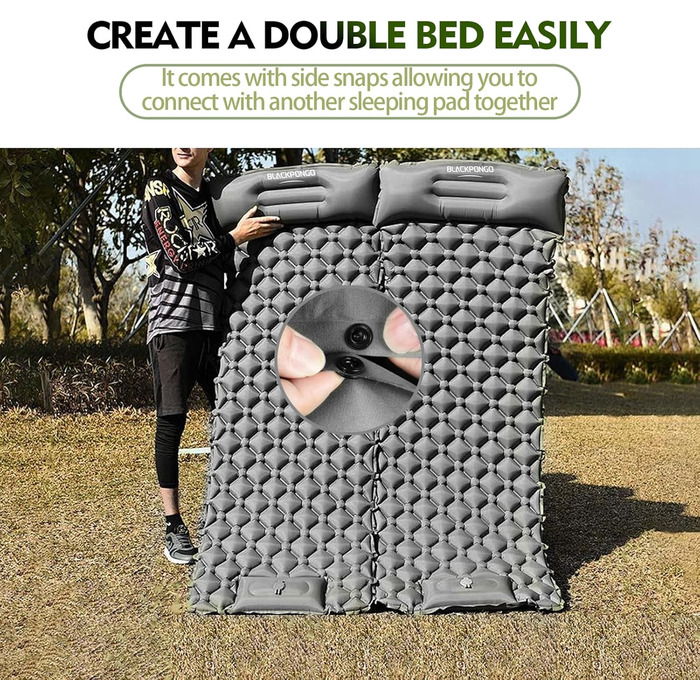 Double Camping Sleeping Pad with Built-in Pillow & Foot Pump - Lightweight Inflatable Mat for Camping, Backpacking, Hiking, Travel & Tent (Gray)