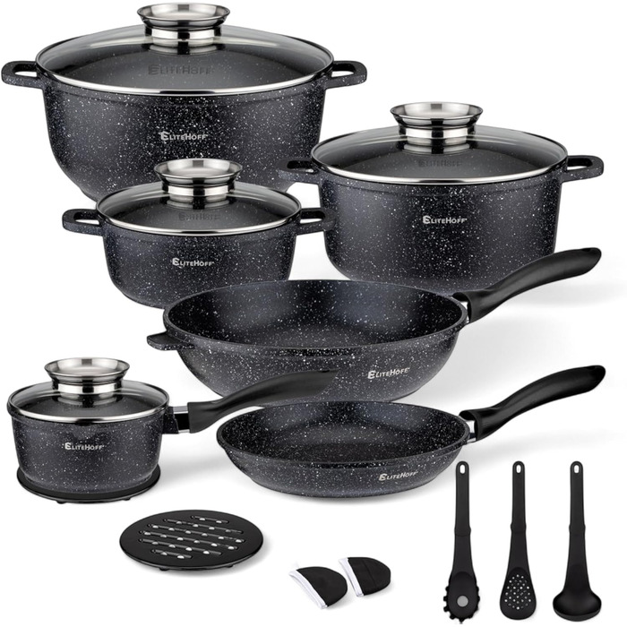 Набір каструль та сковорідок EliteHoff Induktion, 17 предметів, з антипригарним покриттям, для всіх типів плит, з кришками, з алюмінію, безпечний (PFOA-free), чорний (E-7030)