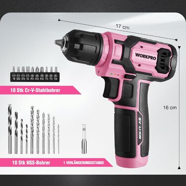 WORKPRO 8V акумуляторний дриль-шуруповерт, комплект з кейсом, 2000 mAh, 10 мм патрон, 12 Н·м, LED-ліхтик, 21 шт. аксесуарів, для ремонту та DIY, сірий & зелений (рожевий & чорний)