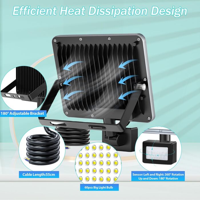 LED Floodlights with Motion Sensor Outdoor 100W 2 Pack, 10000LM LED Spotlights with Motion Sensor, 6500K Cool White Outdoor Floodlights, IP67 Waterproof Floodlights for Warehouse Garden Garage (50W-1PC)
