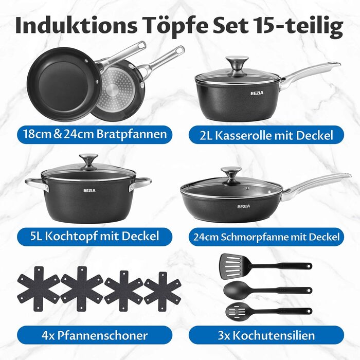 Набір посуду BEZIA індукційний 15 предметів: каструлі та сковороди з керамічним покриттям, кришки в комплекті, антипригарні, для всіх типів плит, без PFAS, легке очищення