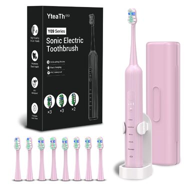 Електрична звукова зубна щітка для дорослих та дітей, 5 режимів чищення, 3 рівні інтенсивності, таймер, 8 насадок, чохол для подорожей, чорний (1 шт.)