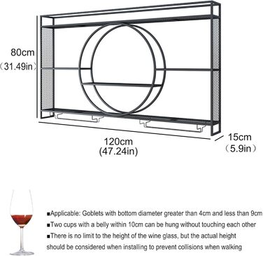Настінна полиця для вина з металу, 120 см, чорна. Барна полиця з тримачем для келихів та LED-підсвіткою. Металевий винний стійка для вітальні, кухні, бару.