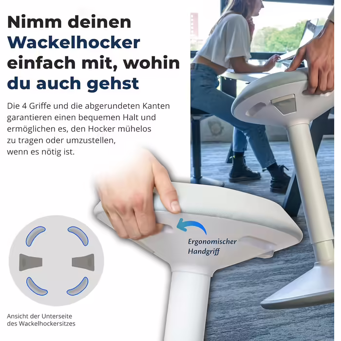 Backerz Ergonomic Chair - Office Chair with 55-80 cm Height Adjustment - Sitting and Standing Chair - Wobble Chair - Work Chair for Home and Office - Upholstered with Water-Repellent Fabric, White (60cm, Matte White)