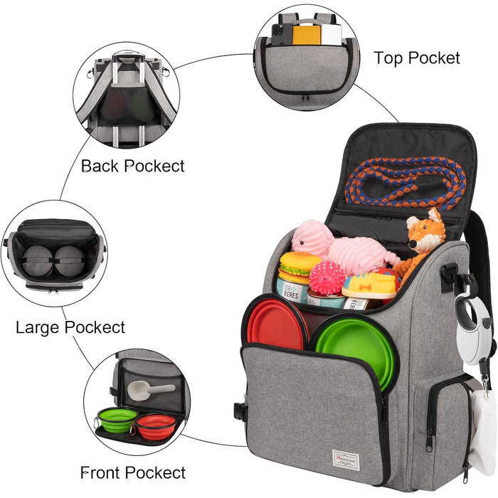 Чемодан для собак Modoker, сумка-переноска для тварин, схвалена авіакомпаніями, з органайзером, плечовим ременем, 2 контейнерами для корму та 2 складаними мисками (сірий)