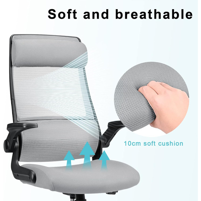 Ергономічне крісло для офісу з регульованою підголовником, сітчасте крісло для робочого столу, відкидні підлокітники, широке сидіння, функція гойдання, комп'ютерне крісло EN 1335, офісне крісло 200 кг, сіре та чорне