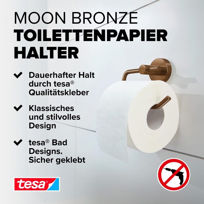 Тримач для туалетного паперу tesa Moon Bronze, матова бронза, самоклеючий, PVD-покриття, без свердлення, 140x99x53 мм