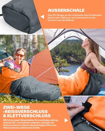 Сплячий мішок Sportneer - компактний та ультралегкий (950г/1500г) - кокон для кемпінгу, подорожей та відпочинку на природі. Підходить для чоловіків, жінок та дорослих. Односезонний/трисезонний спальний мішок (Помаранчевий, літо)