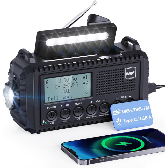 Радіоприймач DAB+/DAB/UKW з акумулятором 5000mAh, радіо для надзвичайних ситуацій з ліхтариком та світлодіодом для читання, портативне кемпінгове радіо з USB-зарядкою для мобільного телефону, FM, динамо, SOS-сигнал для походів, відпочинку на природі (Раді