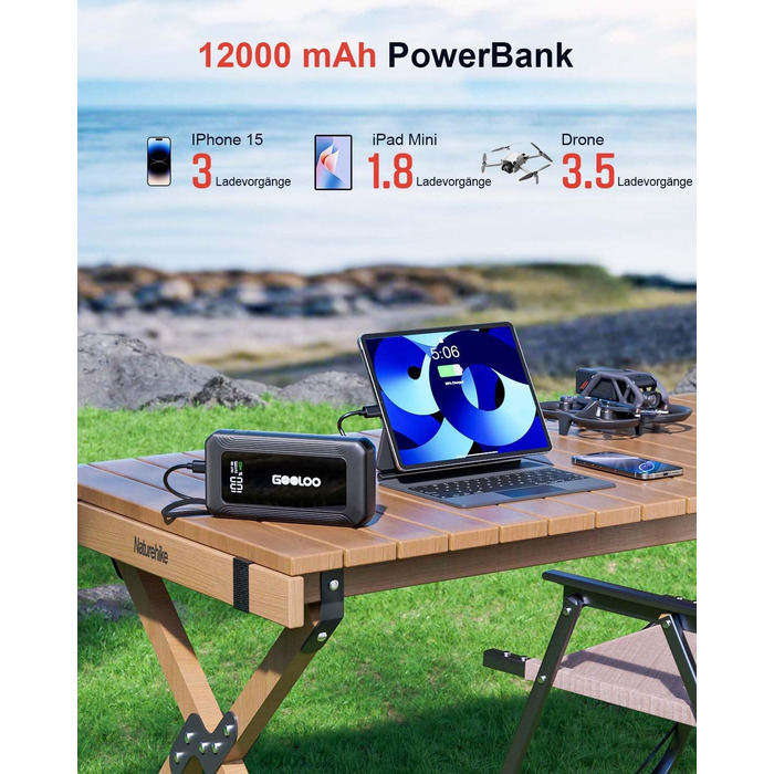 Powerbank для авто Gooloo G7 3000A: пусковий пристрій з USB-C, LED-ліхтарик, 12V (до 8.5L бензин/6L дизель)