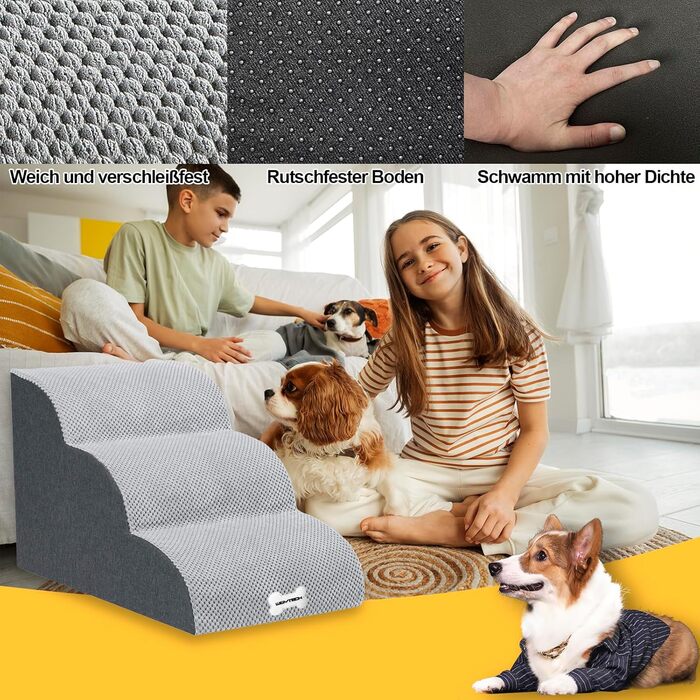 WGYTECH 4-Step Dog Stairs, Pet Ramp for Sofa and Bed, High-Density Sponge Dog Stairs, Washable Cover & Non-Slip Bottom, Dog Ramp for Dogs and Cats, L72xW40xH50cm (3-Step Grey 40cm High)