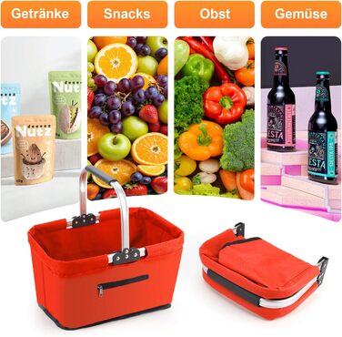 Складаний кошик для покупок 25L з м'якими ручками та кишенею на блискавці, червоний