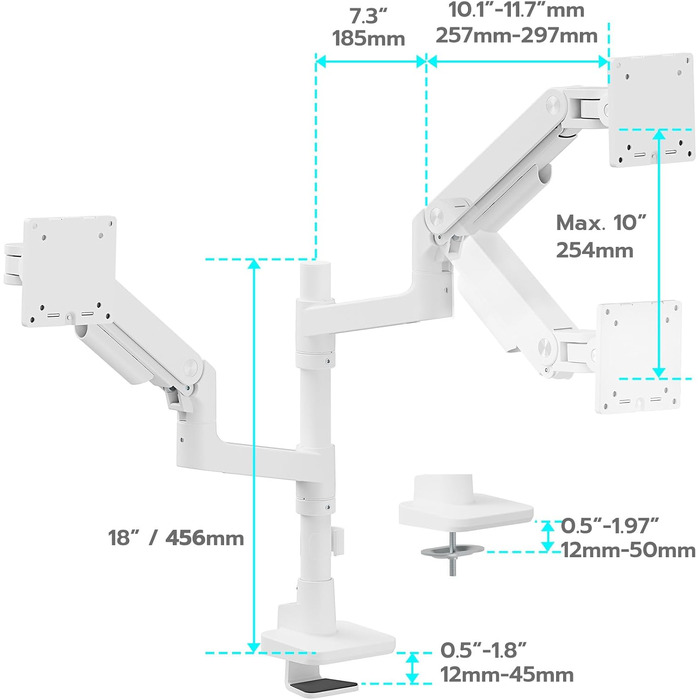 Кронштейн для двох моніторів ARES WING (17-49 дюймів) з USB, вертикальна установка один над одним, регулювання висоти, VESA 75/100, до 20 кг на плече, білий