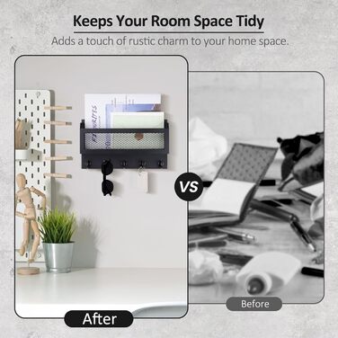 Brief and key holder for wall decoration, 27.9 cm (11 inches) wooden wall key organizer with 5 key hooks, wall mount, storage shelf for entryway, hallway (white) (black)
