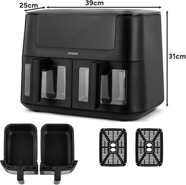 Фритюрниця Linsar з подвійною зоною та двома кошиками, 8л, з сенсорним екраном, 9 режимів, Dual Cook, чорний