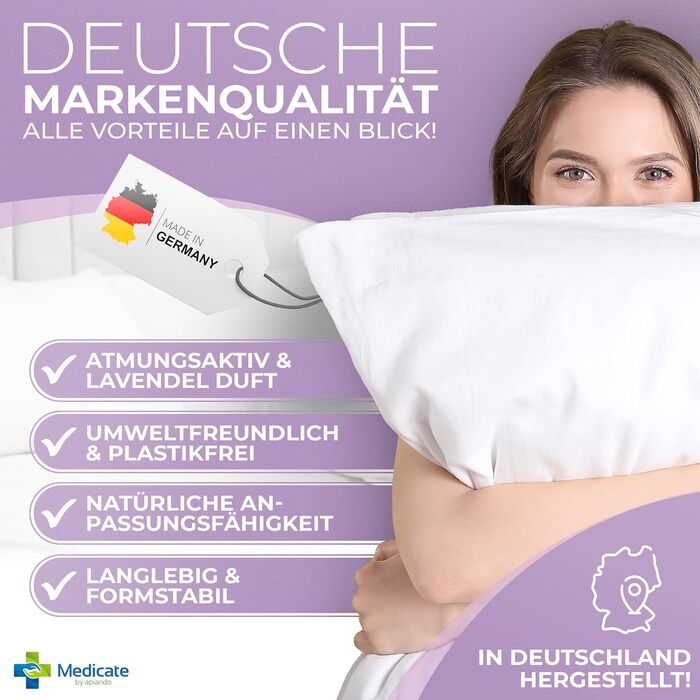 Medicate Lavender Pillow 40x80 with Down – Washable Pillow 40x80 up to 40 Degrees - Pillow for Every Sleeping Position – Down Pillow Made in Germany 40 x 80 cm